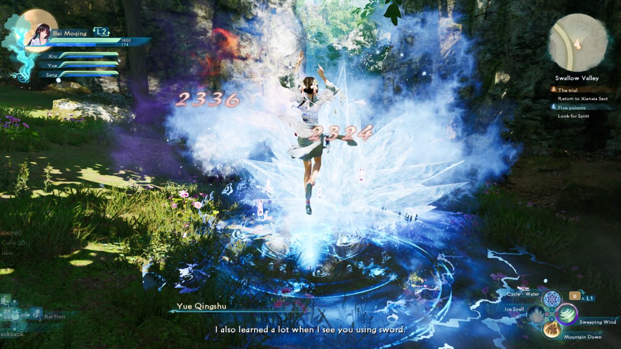 Bai Moqing participating in a battle in Sword and Fairy: Together Forever. She flies through the air splashing blue waves of damage on enemies. 