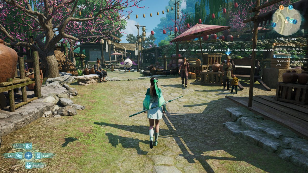 Yue Qingshu travels through a village in Sword and Fairy: Together Forever. Umbrellas and food stalls line the streets, and villagers walk past. 