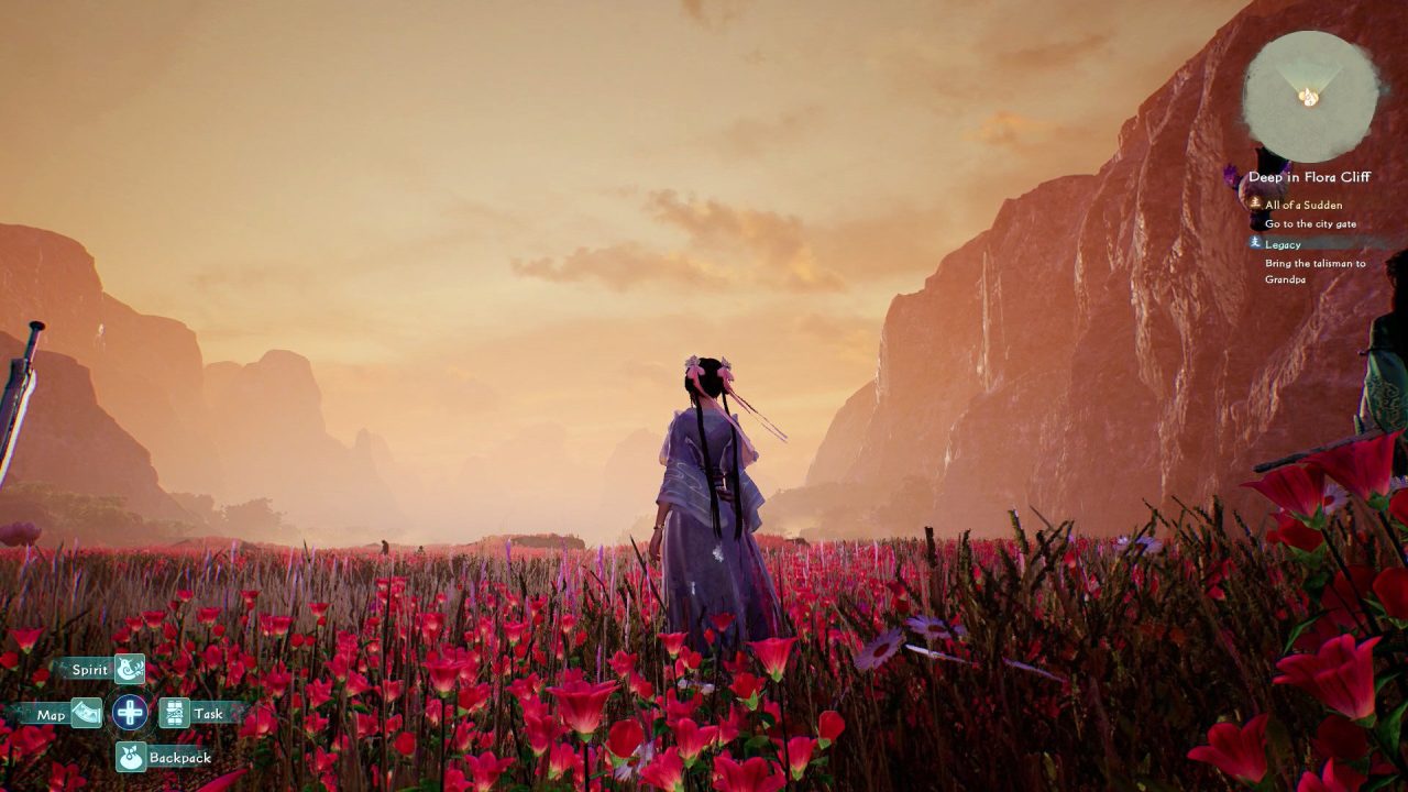 A vista screenshot from Sword and Fairy: Together Forever. A young woman stands in a canyon filled with red flowers against a sunset sky. 